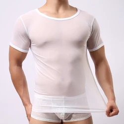 Camiseta de malla transparente para hombre, camisa Sexy de manga corta, ultrafina, musculosa, ropa de Club nocturno, Verano