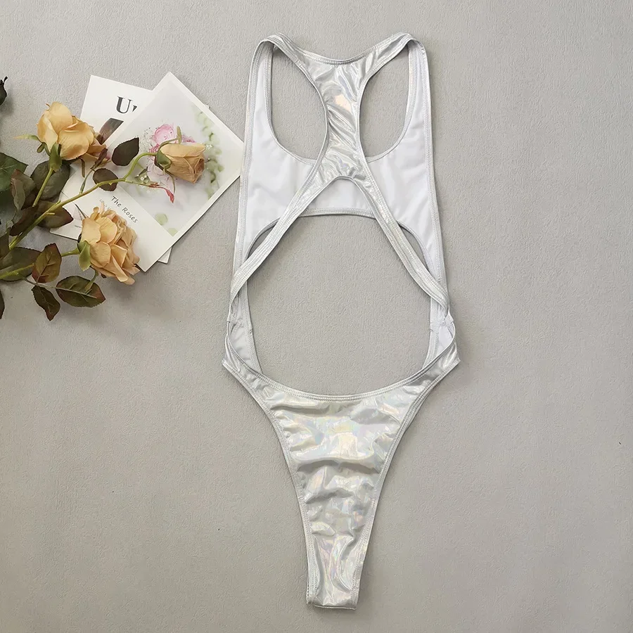 costume da bagno sexy argento metallizzato un pezzo scava fuori bikini senza schienale Costumi da bagno Costumi da bagno abiti da spiaggia body biquini tankini