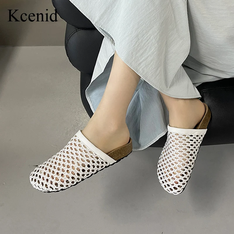 

Kcenid плетеные дизайнерские шлепанцы-мулы, женская обувь, сандалии без шнуровки на плоской подошве с круглым носком, женские повседневные шлепанцы, большой размер 43