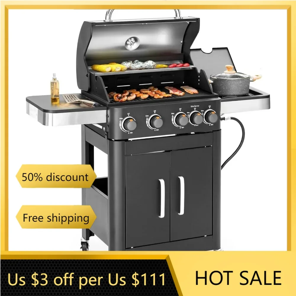 4 Burners Propane Gas Grill with Griddle Plate,2 in 1 Griddle Grill with Side Burner Cast Iron Grates,Outdoor Cooking Barbecue