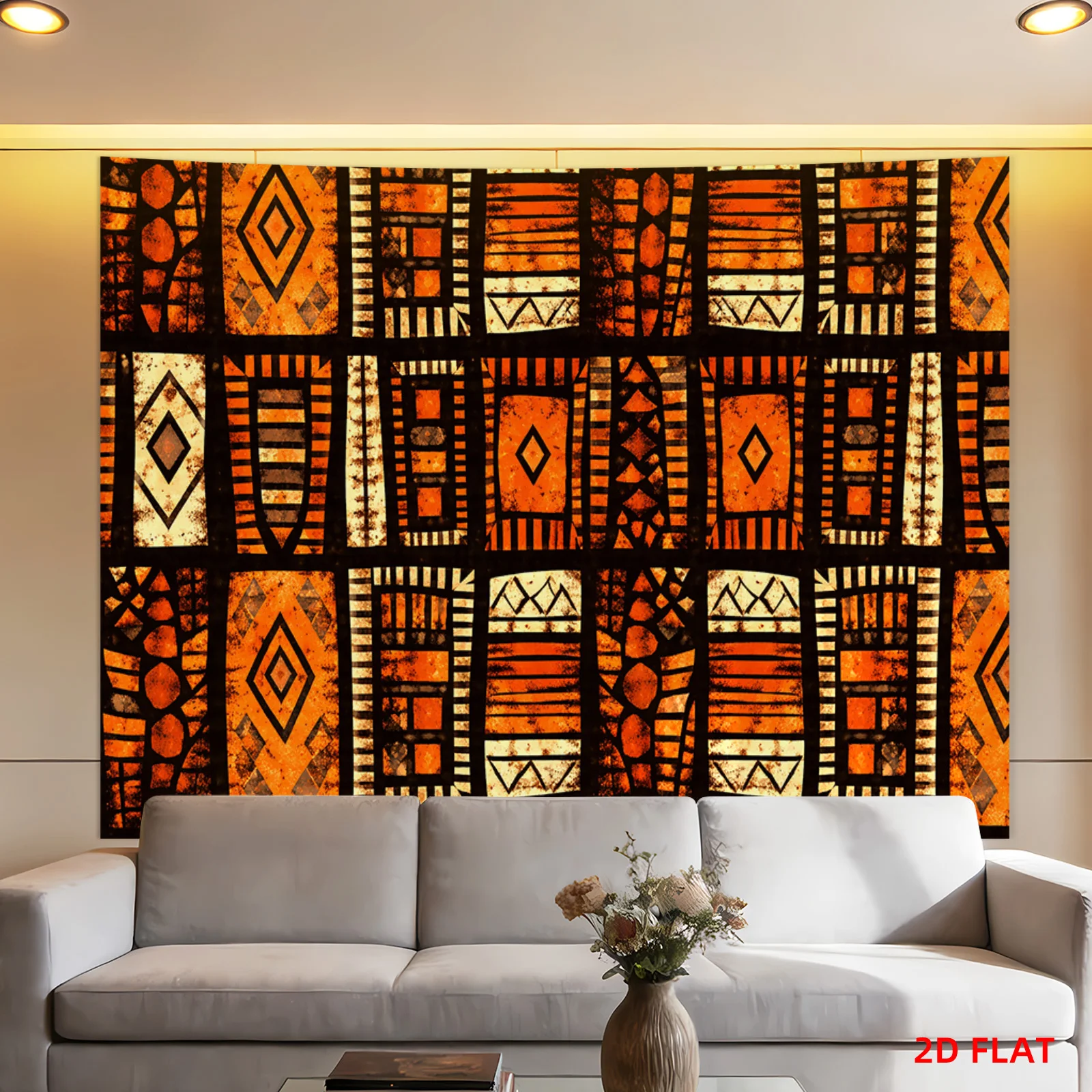 Premium Ethnic Tribal Geometric Tapestry Wall Hanging Boho Orange Moroccan Decor Polyester Fabric Art for Living Room Sofa Bedro