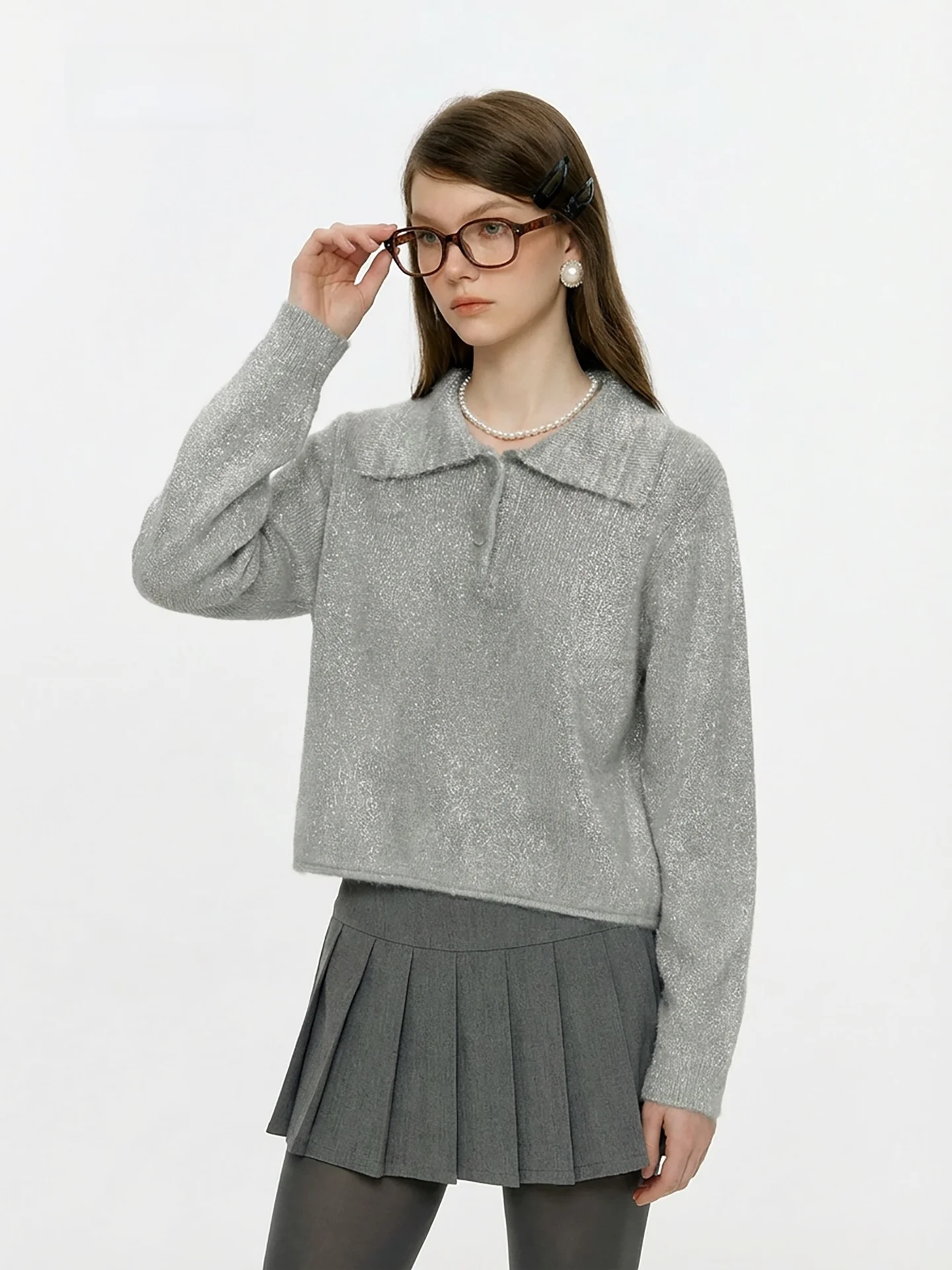 

AHMI ey Knitted iny Silk Sweater Women's Collar Loose Sle Long Sve Soft Spring Faion Casual Wear