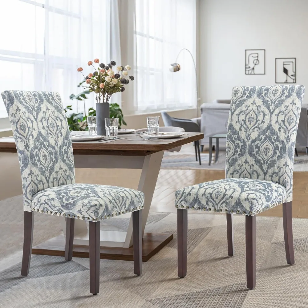 كراسي طعام بارسونز منجدة من القماش الأزرق، مجموعة من 2 مع حواف رأس الأظافر وأرجل خشبية للمطبخ أو غرفة الطعام #4
