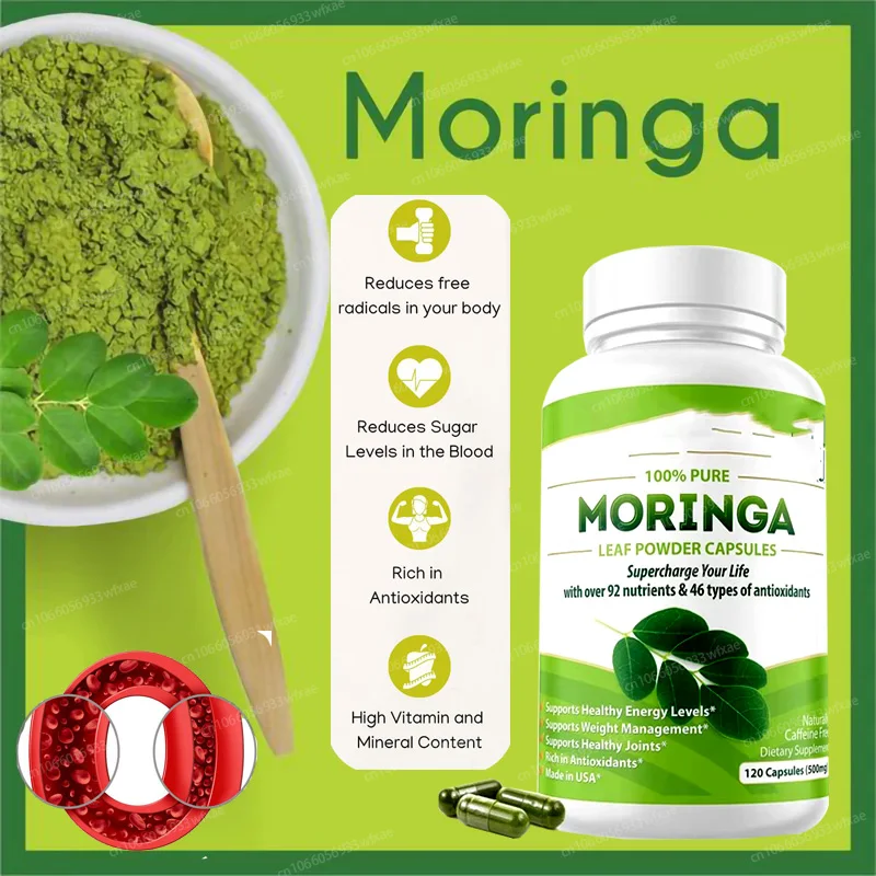 Cápsulas de polvo de hoja de Moringa Oleifera orgánicas puras, 500mg, sistema inmunológico y potenciador de energía, suplemento vegetariano antioxidante