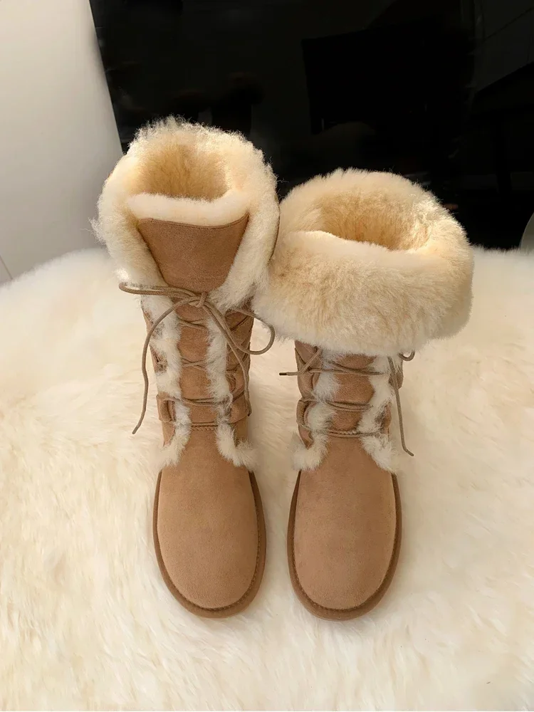 High tube snow boots woman new winter sheepskin wool anti slip long boots thick cotton fur women\'s shoes