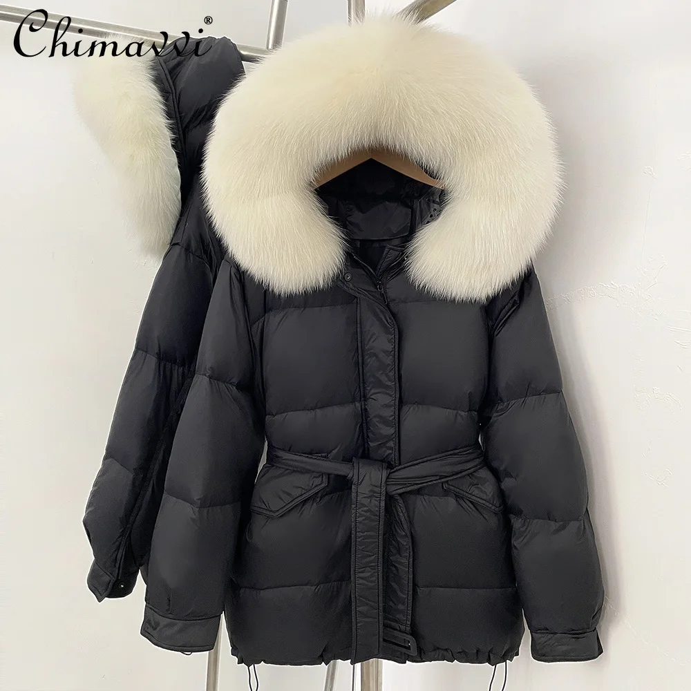 

Elegant Socialite Luxury Fox Fur Collar Hooded Down Coats with Belt Loose Casual Thickened Warm Down Jacket for Women Winter