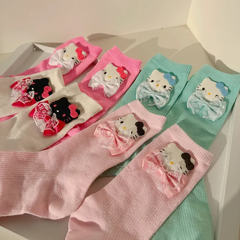 

New Cute Sanrio Hello Kitty Socks Kawaii Women Knitted Stockings Cartoon Bow Fashion Ins Girl in Tube Soft Socks Gift for Friend