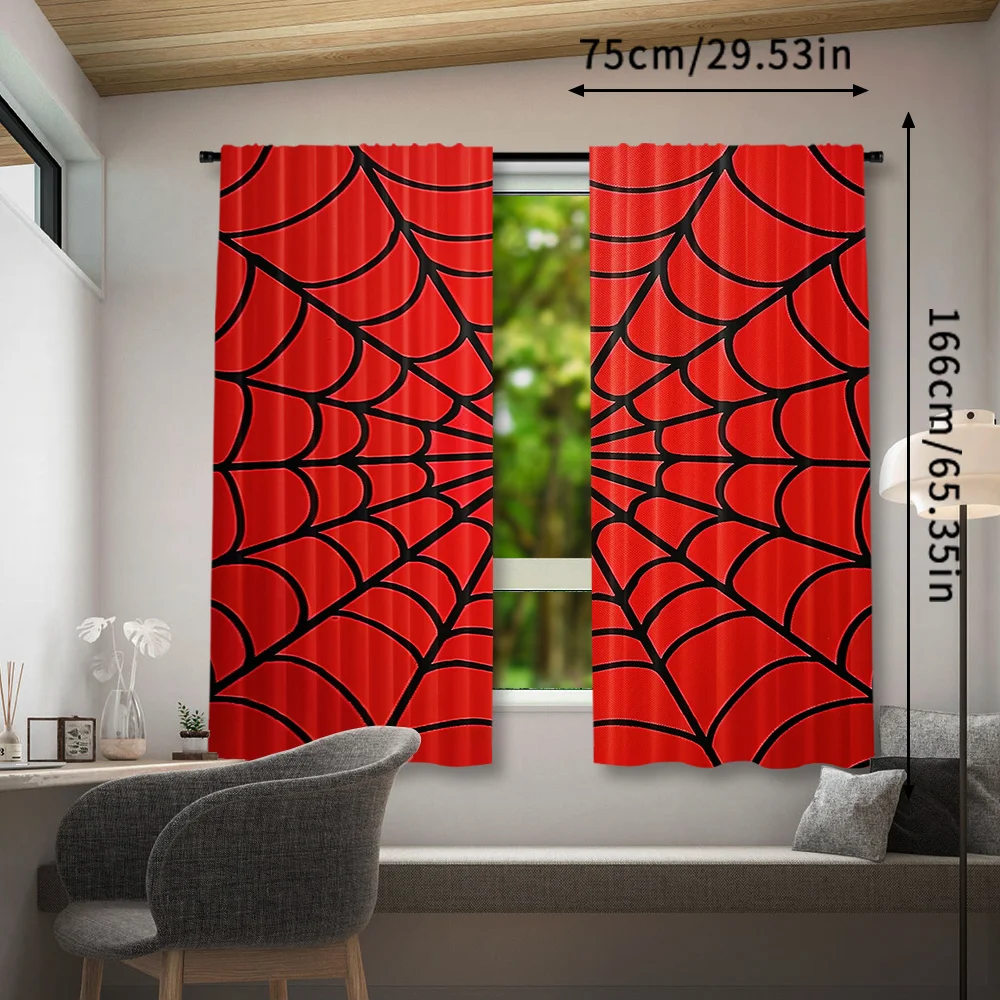 ستائر حمراء على شكل شبكة عنكبوت سوداء مكونة من قطعتين، ستائر نافذة جيب قضيب لغرفة النوم وغرفة المعيشة وديكور المنزل، طراز الهالوين القوطي #3