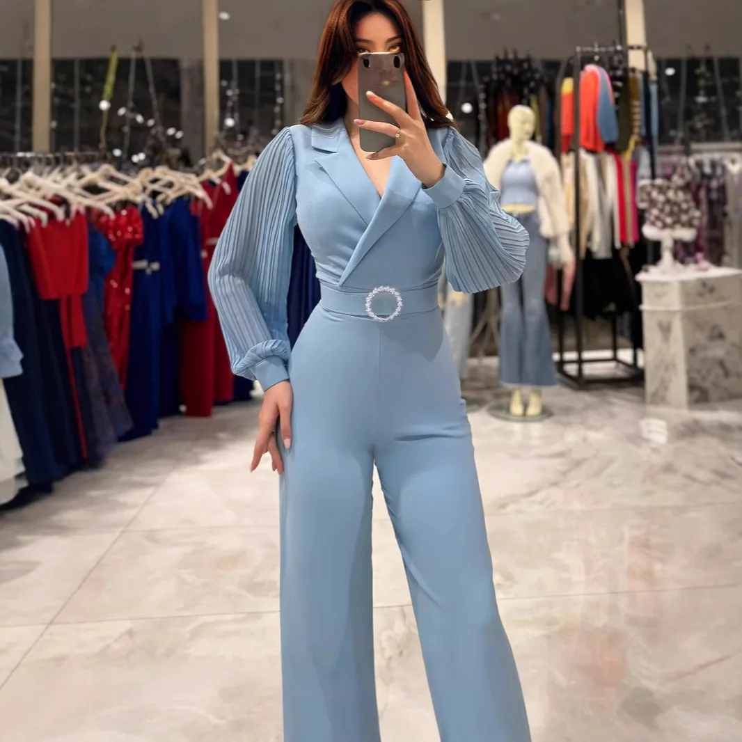 Fashion Party Jumpsuit Elegant Women's Formal Jumpsuit With Lantern Sleeves V Neck Wide Leg Chic Office Wear For Spring Summer