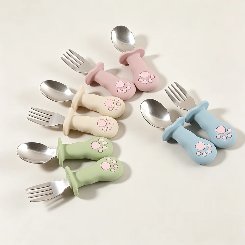 Food Grade Silicone Spoon Fork Set Baby Training Learning Tableware Stainless Steel Long Handle Paw Cute
