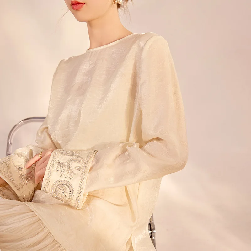 UMI MAO Chinese Style Top Autumn New Nail Bead Embroidered Long Sleeved Top Women's Clothing, Thin New Chinese Style Silk Shirt