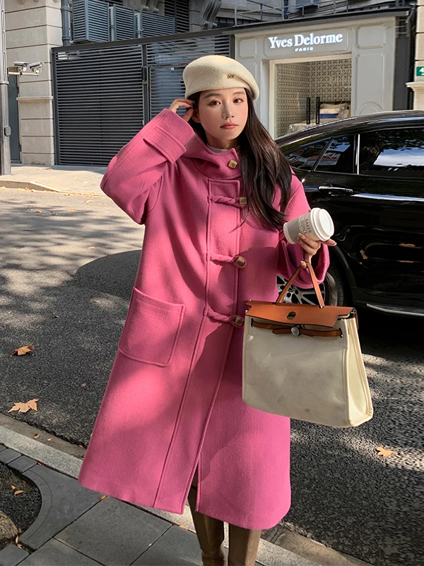 

Женское длинное шерстяное пальто с капюшоном на пуговицах, утепленное, зимнее, прямого кроя, в корейском стиле, больших размеров, стройнящее