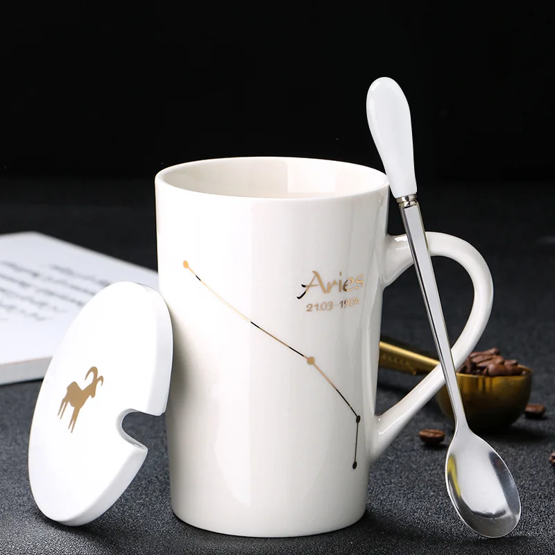 Creative and Personalized Ceramic Mug, Twelve Constellations Coffee Cup with Lid, Spoon, Couple Water Cup, Gift, Household Cup