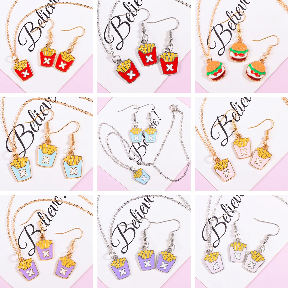 3Pcs/Lot Cartoon Funny Fries Burger Alloy Enamel Dripping Oil Pendant Earring Necklace Fashion Cute Jewelry Set Gift for Friends