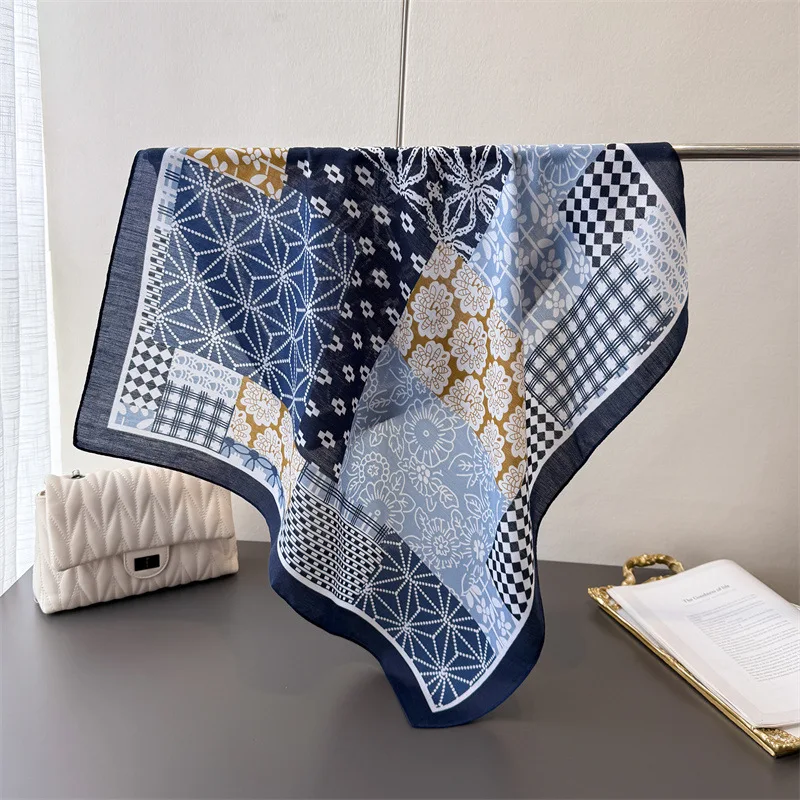 65*65cm Retro Print Square Scarfs Women Autumn Spring Warm Wraps Head Scarf Cotton Feel Hijab Female Neck Ties Foulard Bandana