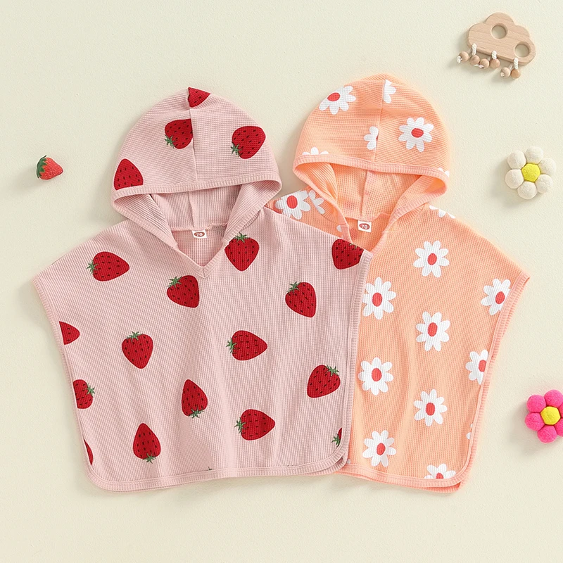 Baby Girls Swimwear Cover-up Toddler Hooded Bath Towel Flower/Strawberry Print Beach Clothes, 0-3Years