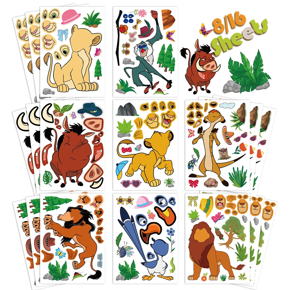 8/16Sheets Disney The Lion King Puzzle Stickers Game Make-a-Face Kids DIY Jigsaw Children Educational Toys Cartoon Decals Gift