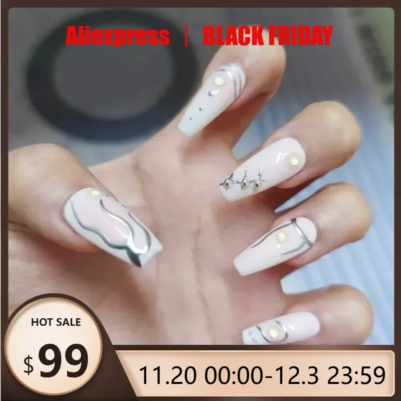 

10Pieces Pink Blush Handmade Press-On Nails Simple Lines&Rhinestone Accents False Nail Tips Perfect for Women&Girls Daily Wear