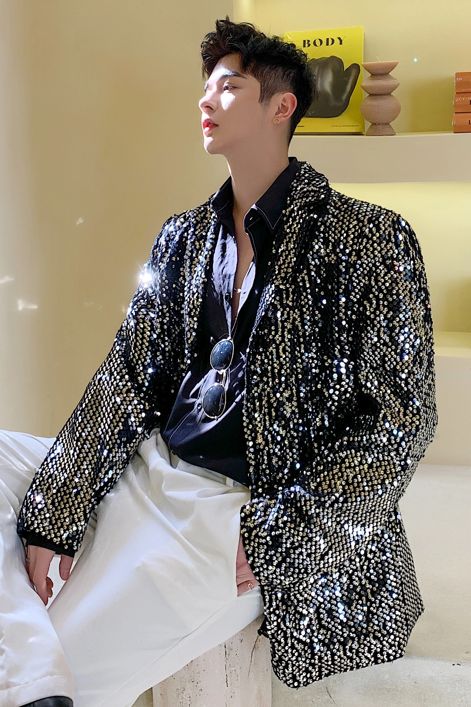 Sequined Suit Men\'s Loose Shiny Top Fashionable Fried Street Coat Personal Trendy Male Long Sleeve Night Club Stage Closing