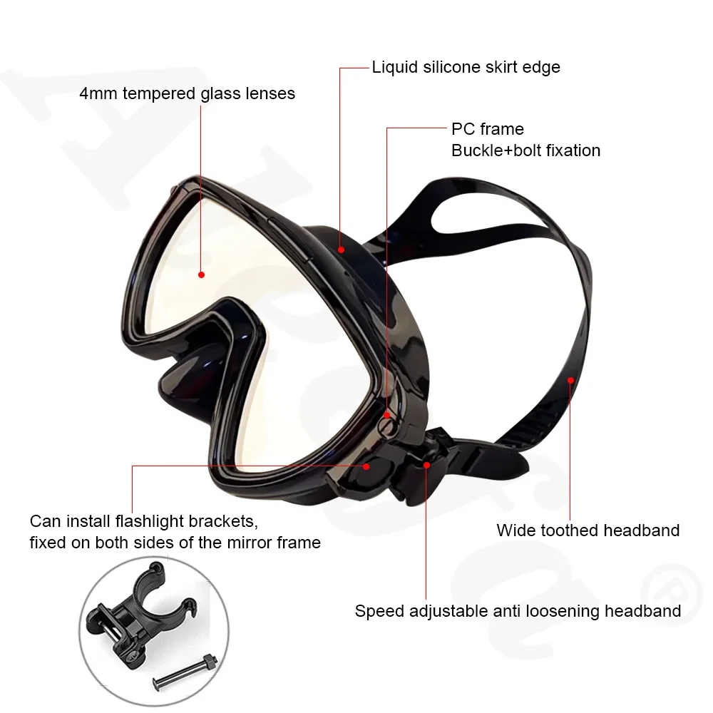 Duikmasker Met Zaklamp Beugel, Vloeibare Siliconen Gezichtsmasker, Gehard Glas, Anti-Fog Snorkel Masker Masker Riem Mount Clip