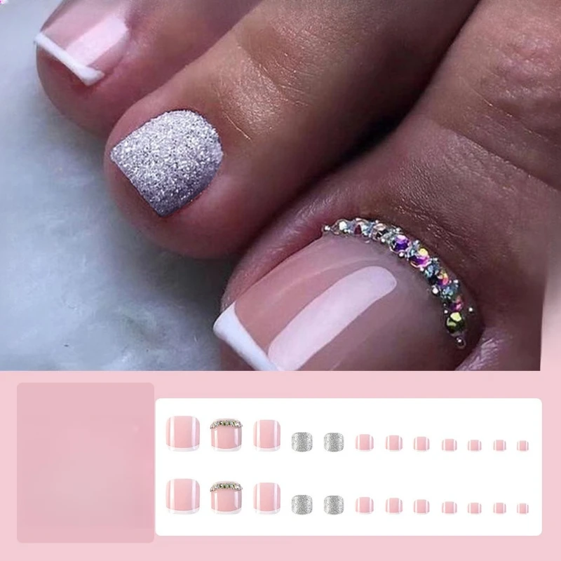 

Simple French Wear Toenail Patch Rhinestone Glitter Foot Nail Finished Product