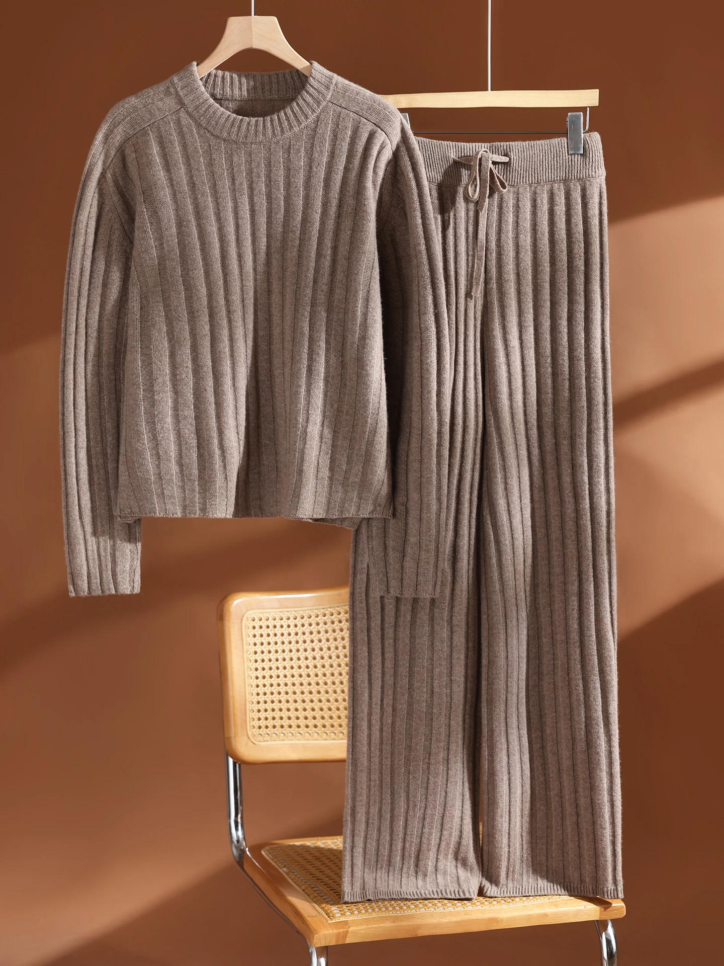 TLOML Women's 100% Merino Wool Vertical Strip Set O-Neck Pullover Wide Leg Pants Casual Knitwear Autumn Winter Thicken Soft Suit