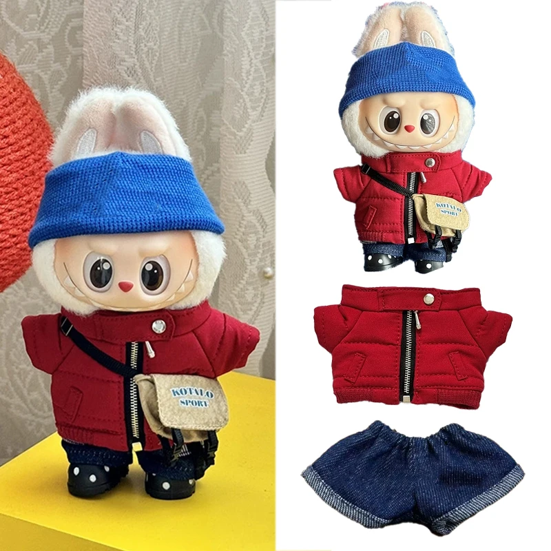 ل 15 17 سنتيمتر Labubu دمية الشتاء أسفل السترات الليزر تزلج الملابس موضة أسفل سترة مع أحذية الجينز الزي الكامل الملابس
