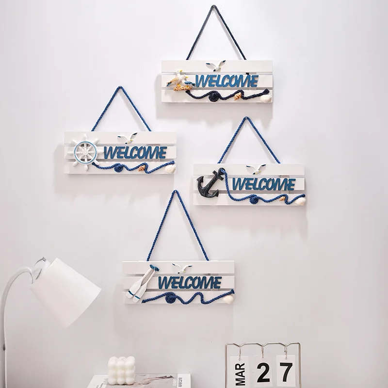 Mediterranean Style Wood Welcome Sign Ocean Decorative Sailor Anchor Photo Wall Hanging Sign Handmade Wooden Art Plaque