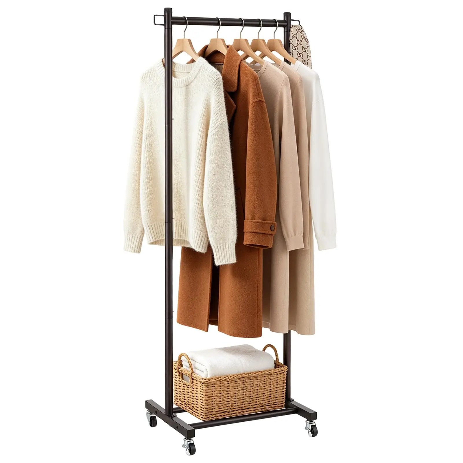 

Heavy Duty 63 Inch Rolling Metal Clothing Rack With Basket Shelf, Holds 110 Lbs, Compact Wardrobe Organizer For Bedroom Or