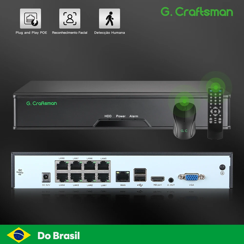 B-X, Sistema de Segurança 4K, Gravador NVR POE 8 Canais, Suporta 16 Canais & H.265X, Gravação 24/7, Plug & Play para Câmeras IP, do Brasil.