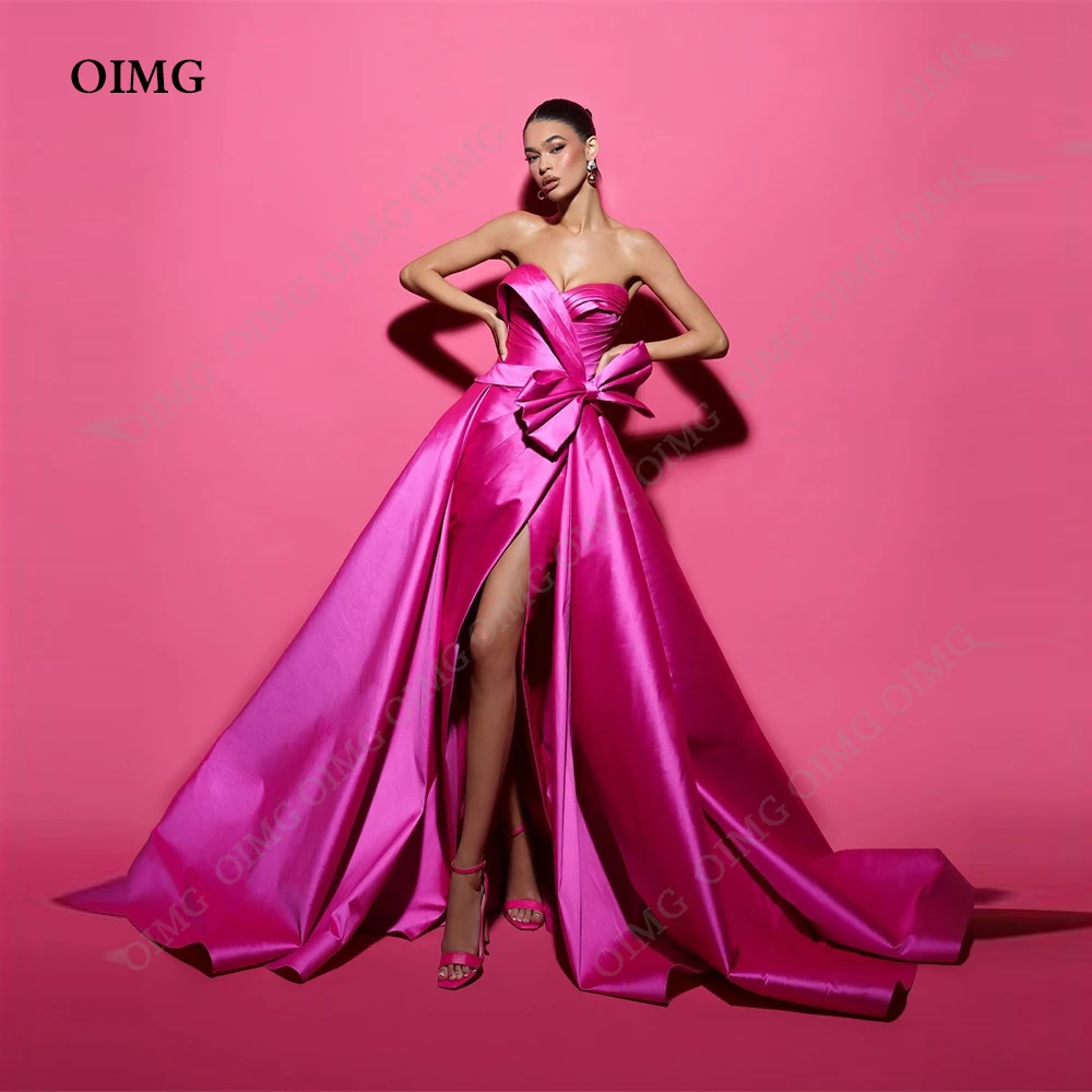 

OIMG Fuschia A Line Bow Dubai Party Gowns Evening Dresses Detachable Train Sexy Slit Formal Vestidos de festa Prom Gowns