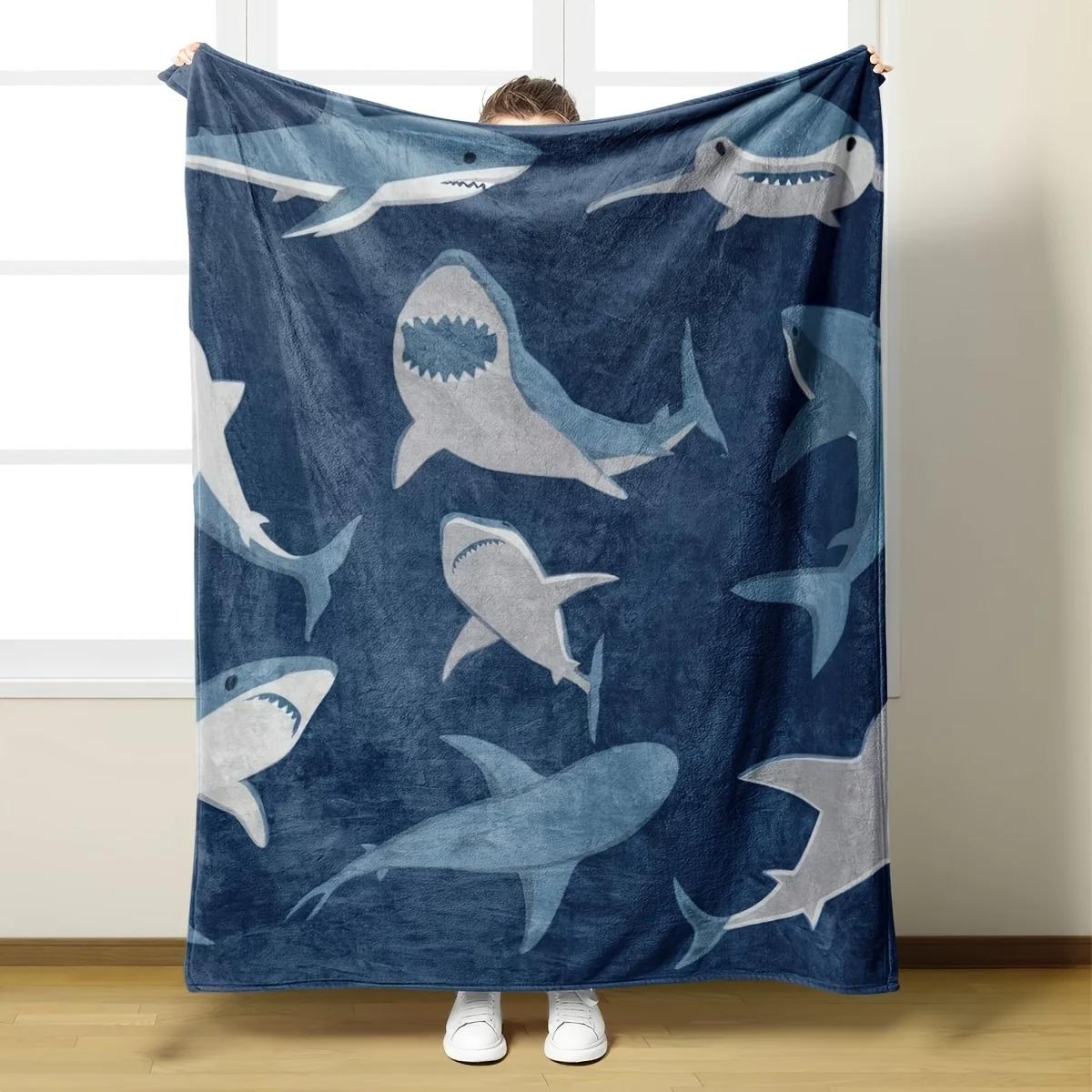Shark Flannel Blanket Navy Gray Ocean - Inspired Design Soft Plush Fabric For Living Room Bedroom Use Perfect For Marine