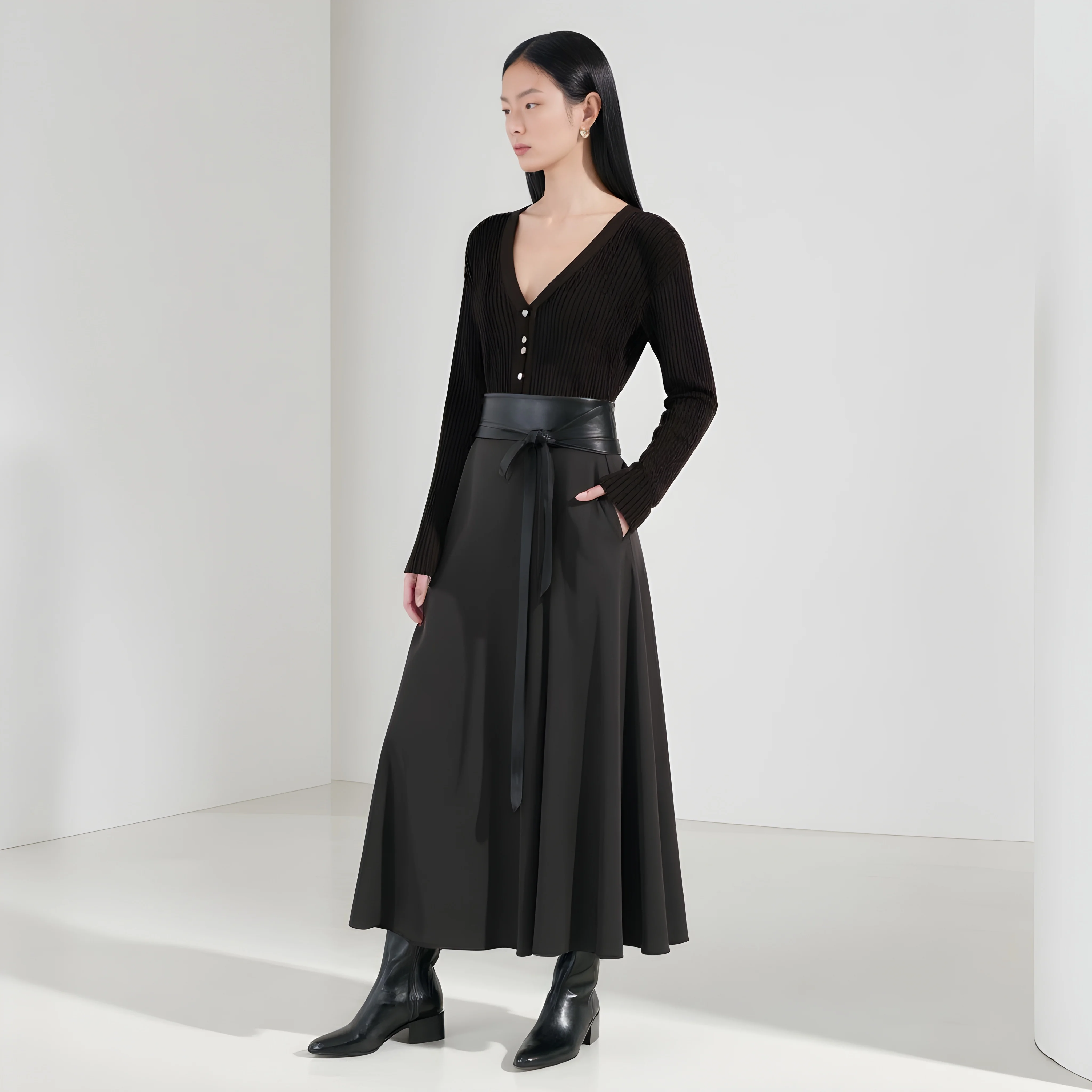 تنورة نسائية لخريف وشتاء على شكل حرف A متوسطة الطول كاجوال بخصر عادي عصرية بدون ملابس تزيين