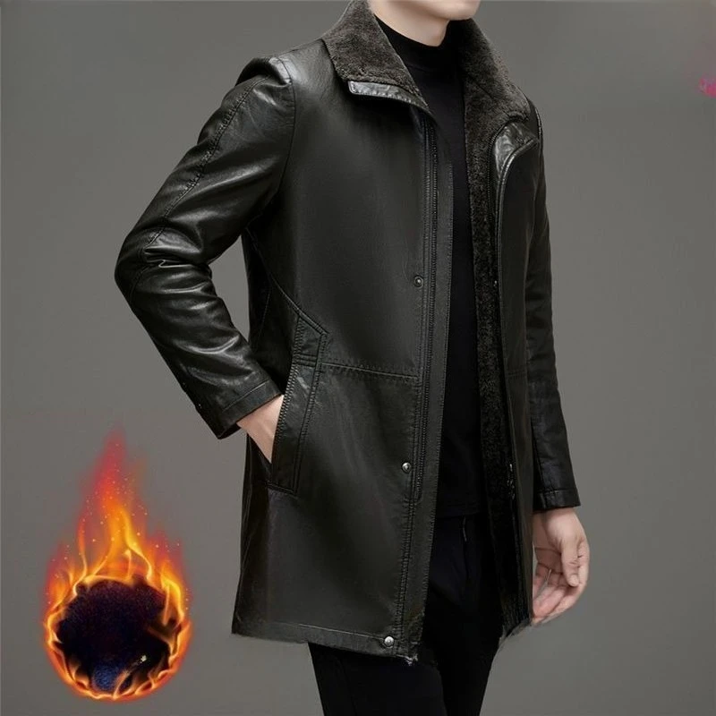 

New autumn winter pu leather jackets men mid-length faux sheepskin leather jackets all-in-one pure leather coats imitating fur