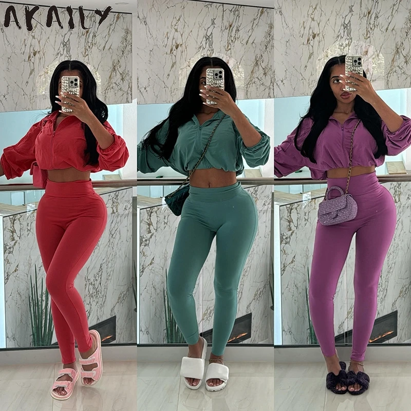 Akaily Autumn Streetwear Solid 2 Piece Tracksuit Fitness Sporty For Women 2024 Casual Zip Drawstring Crop Tops Skinny Pants Set