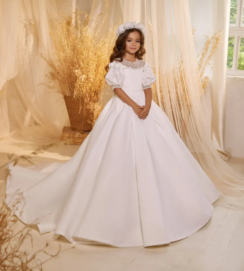 

Princess Wedding Party Dress with Short Sleeves Flower Girl Dress Prom Gown First Communion Dresses 3D Lace Girls Dresses