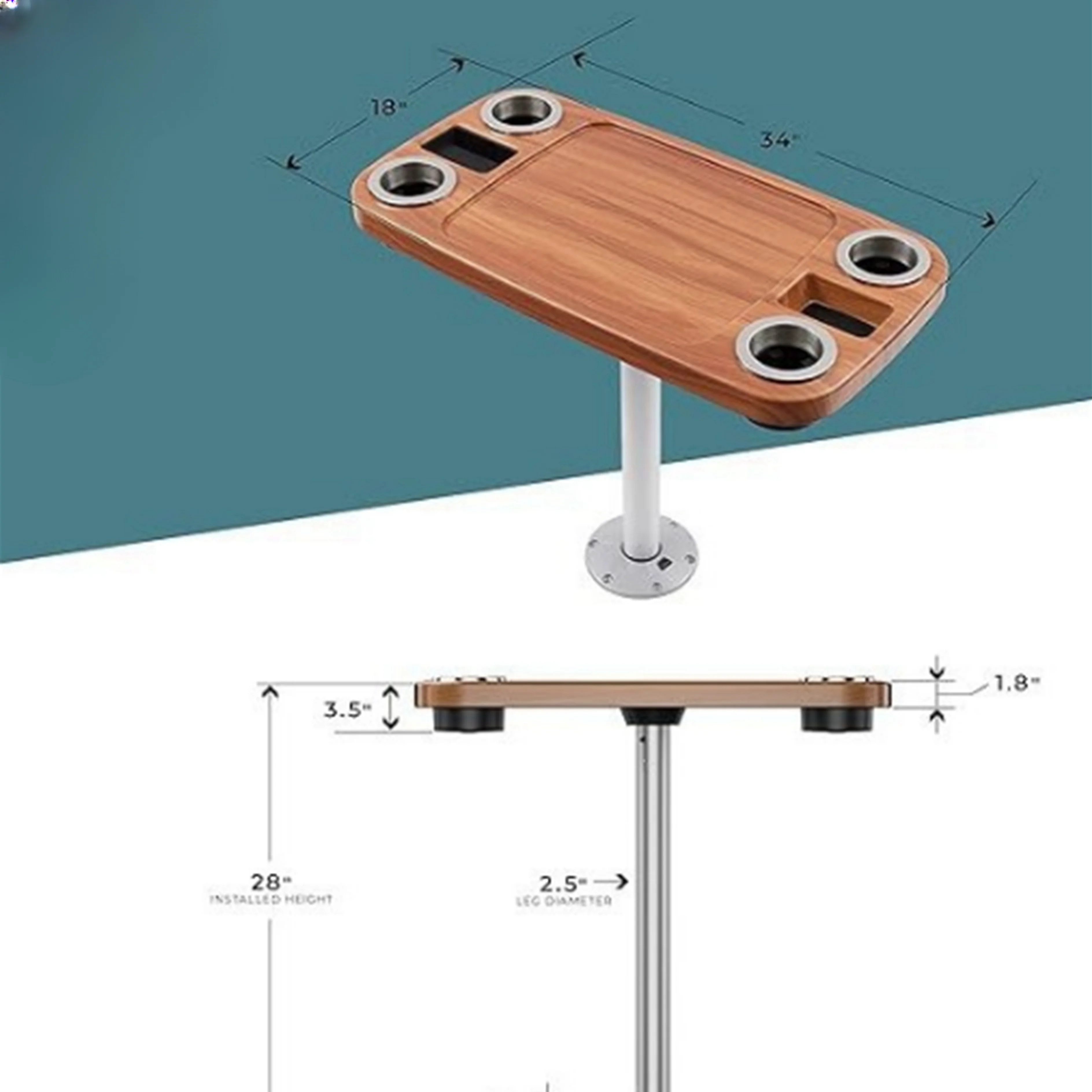 Brown Square Boat Table with Built-In Cup Holders Marine Pedestal and Lock Package-Durable Plastic Material
