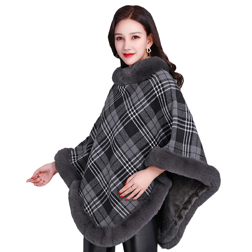 Grey Grid Winter Thick Warm Poncho Faux Rabbit Fur Collar Cape Coat Women Party Outfit Outerwear Fluffy Plush Wraps Cloak Shawls