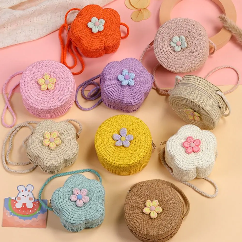 

Повседневная плетеная соломенная сумка ручной работы в форме цветка, однотонная, через плечо, с молнией, кошелек для монет, детская