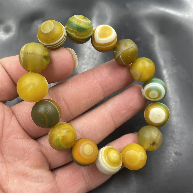 14mm Matte Yellow Green Flower Ball Old Agate Bracelet 4