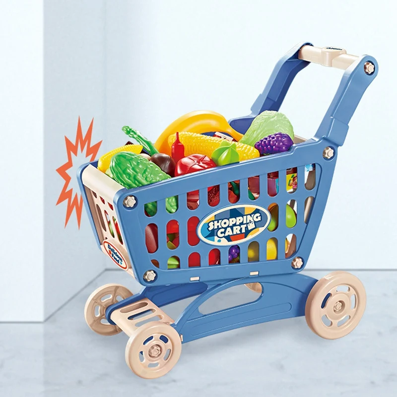 Juego de carrito de compras de juguete de juego de rol, carrito de comestibles con comida de imitación, accesorios de cocina para niños (azul)