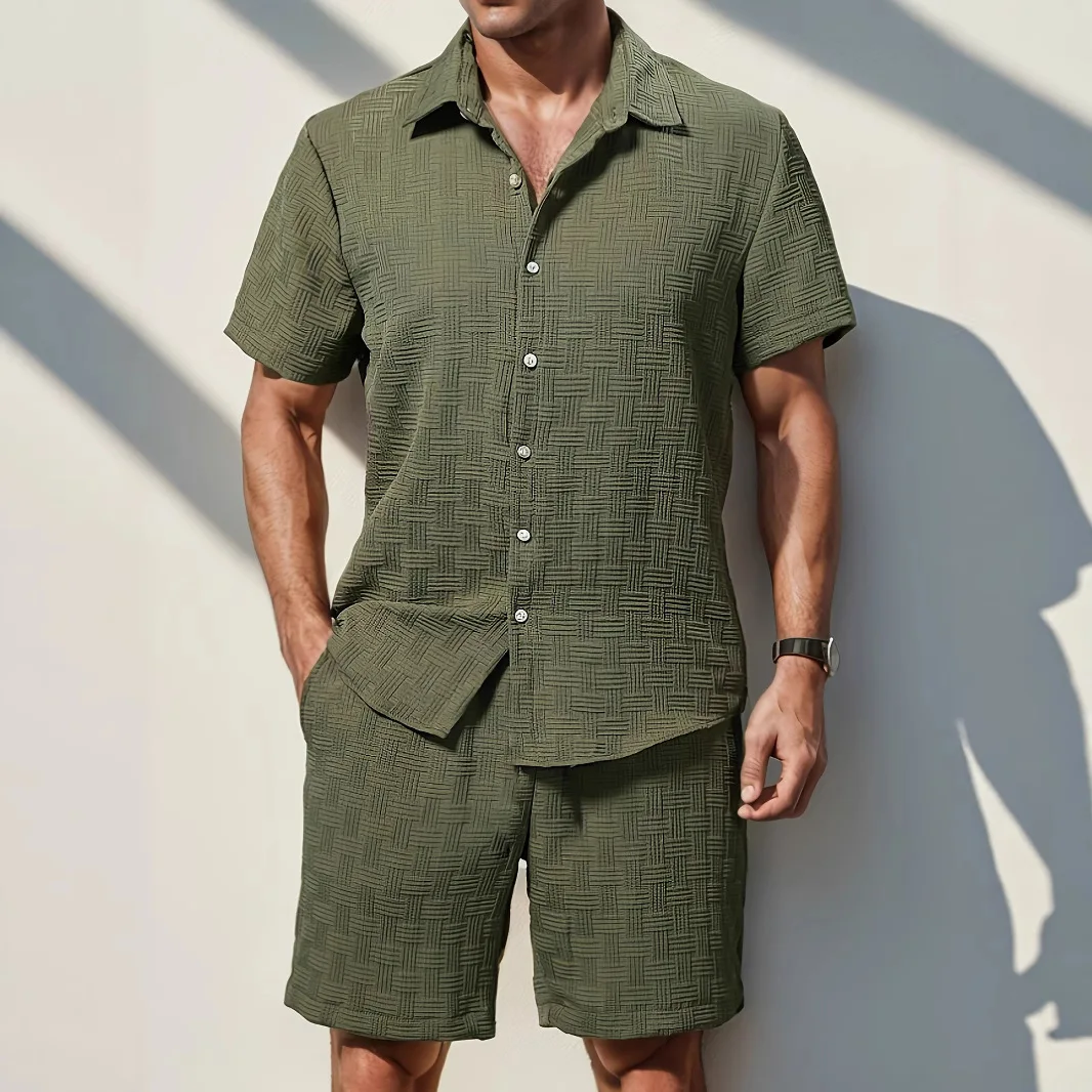 

Daily basic fashion simple retro solid-colored striped summer men's casual loose beach set