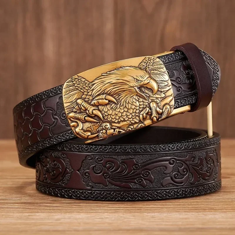 

2024 New Men's Belt Automatic Buckle Alloy Eagle Male Cow Leather Belt Genuine Leather Strap Business Gift, Retro Belts 3.5cm