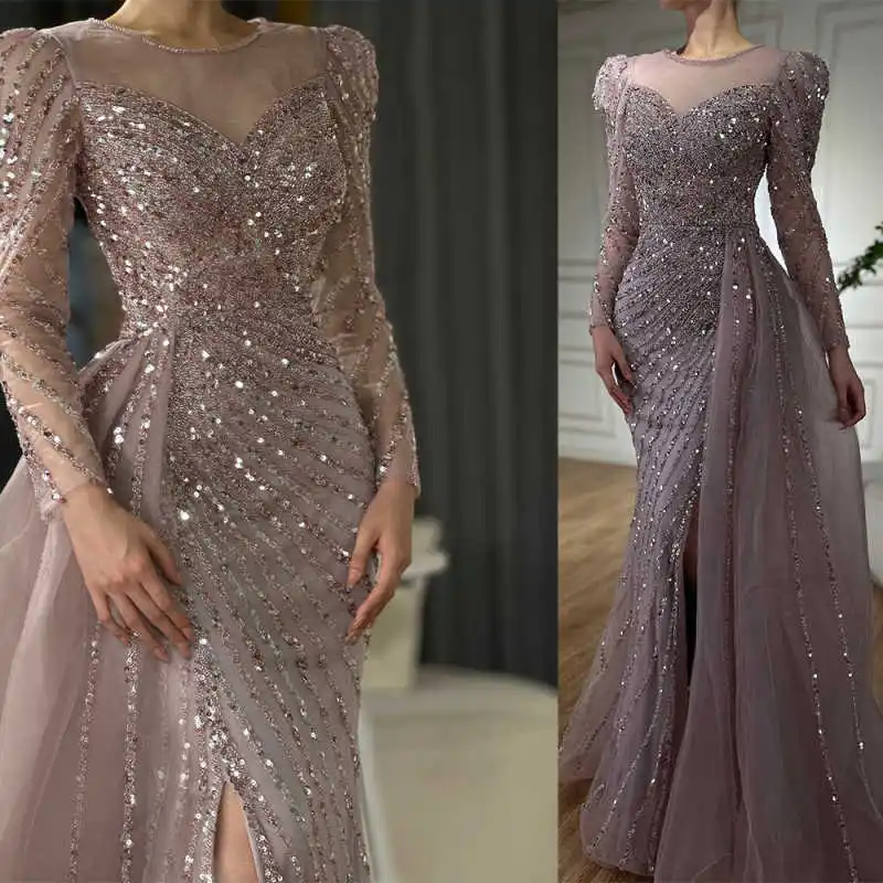 

Glitter Sequins Prom Gowns O Neck Long Sleeve Mermaid Evening Dresses Side Slit Beaded Birthday Party Customized