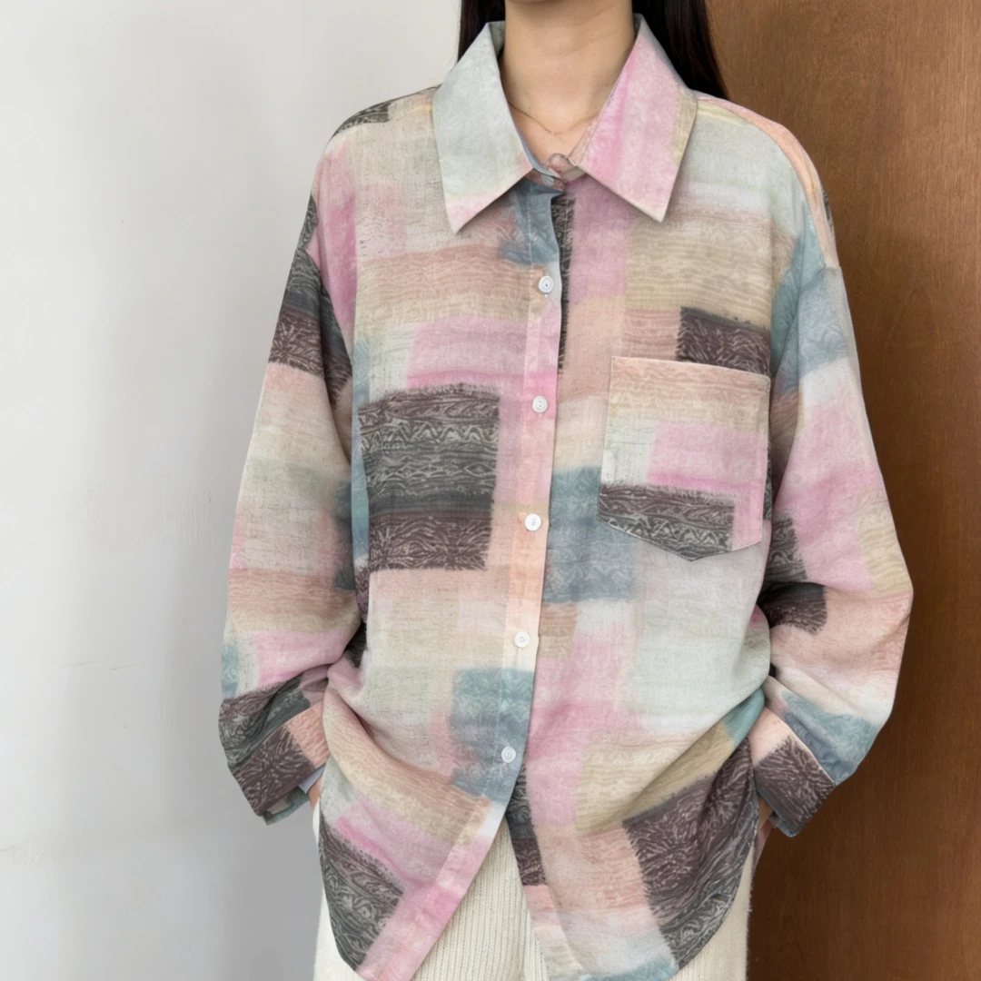SuperAen Summer New Cotton and Linen Fashion Printed Loose Shirt Design Lapel Collar Single Breasted Sun-protective Women's Tops