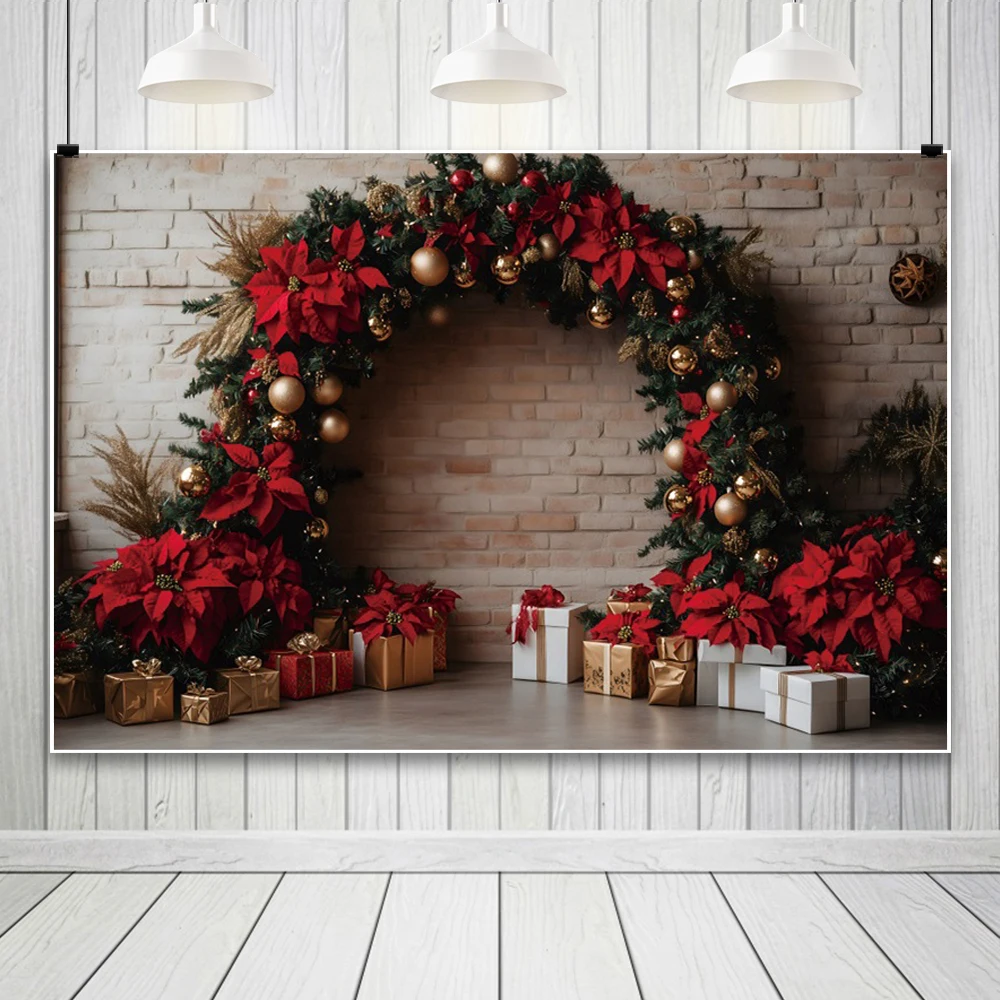 Merry Christmas Background Photography Gray Brick Wall Xmas Tree Gift Red Green Garland Arch Wedding Birthday Photo Backdrop