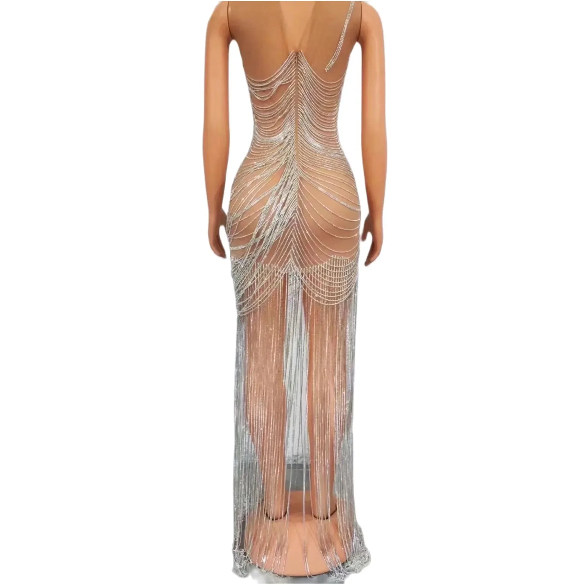Nude Sleeveless Shining Rhinestones Chains Tassel Sexy Dress For Women Evening Party Clothing Singer Stage Costumes Prom Wears
