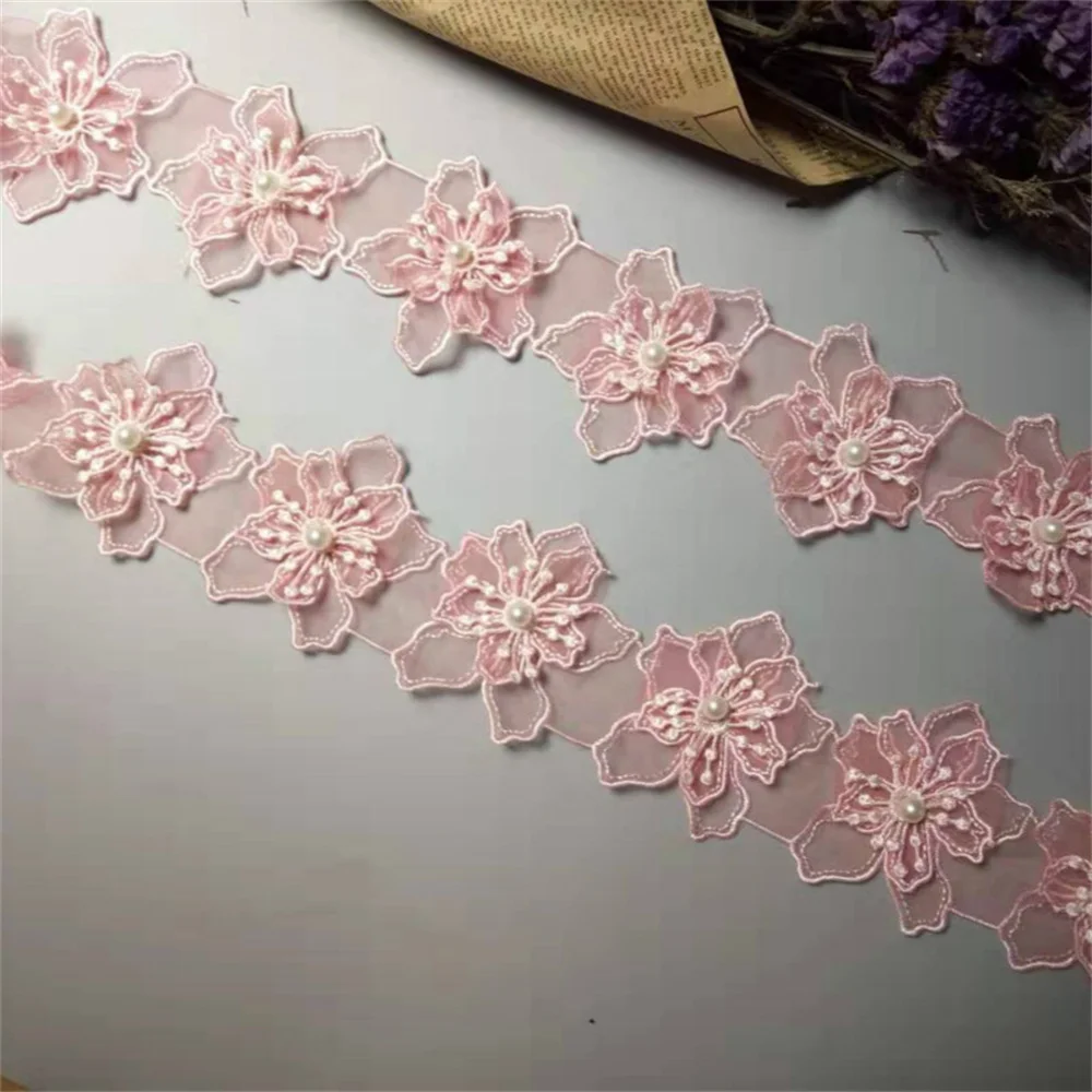 1 yards Pink 8cm Pearl Flower Embroidered Lace  Trim Ribbon Floral Applique Fabric Patches DIY Wedding Dress Sewing Craft