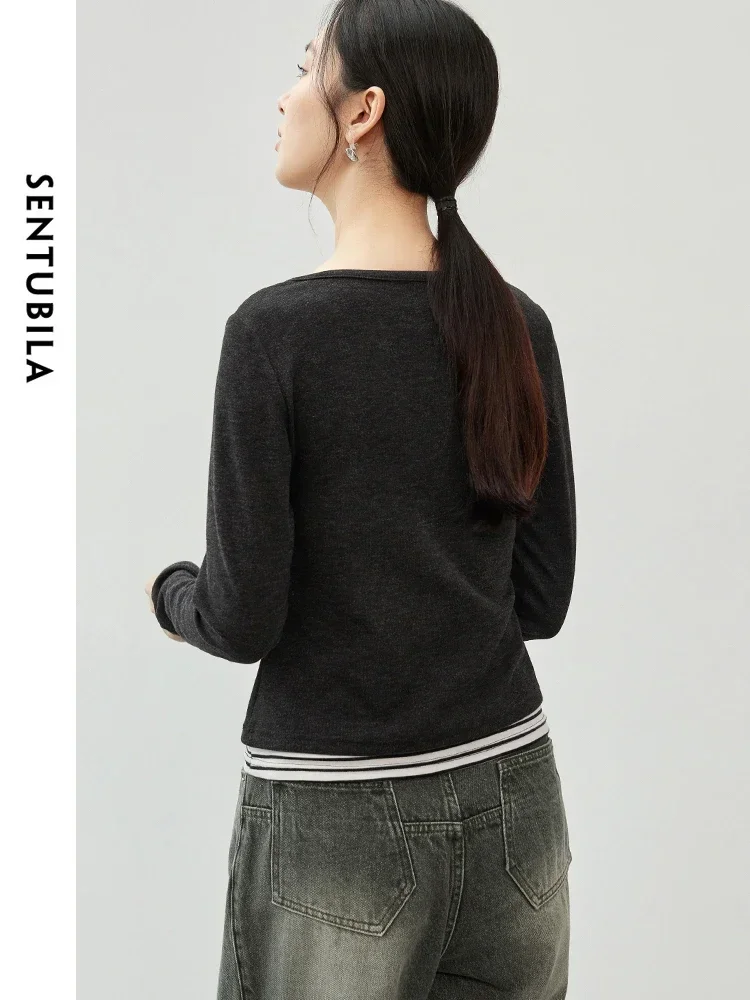 SENTUBILA coupe ajustée rayé T-shirt femmes 2025 automne Patchwork 2 en 1 haut col rond à manches longues Simple femmes t-shirts 143T56388