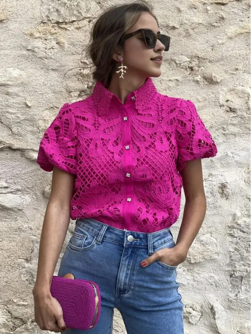 

Lace Designer Shirt Top Women Elegant Blouse Lace Crochet Shirt For Women Slim Lapel Short Sleeve Shirt With Puff Sleeves BQZ2